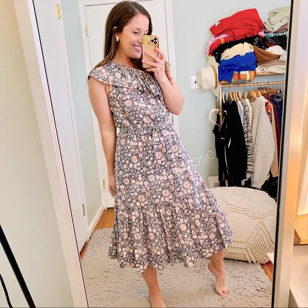 La Vie Rebecca Taylor Black Pink Floral Cotton One Shoulder Tiered Maxi Dress M